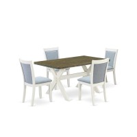 X076Mz015-5 5-Piece Dining Table Set Consists Of A Wood Table And 4 Baby Blue Parson Chairs - Wire Brushed Linen White Finish