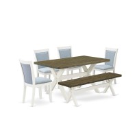X076Mz015-6 6-Pc Table Set Consists Of A Wood Table - 4 Baby Blue Padded Chairs And A Wood Bench - Wire Brushed Linen White Finish