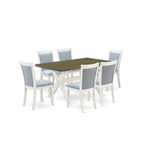 X076Mz015-7 7-Piece Kitchen Table Set Consists Of A Dinner Table And 6 Baby Blue Parsons Chairs - Wire Brushed Linen White Finish