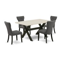 X626Ga650-5 5-Pc Dining Table Set Included 4 Parson Chairs Upholstered Seat And High Button Tufted Chair Back And Rectangular Table With Linen White Dining Table Top (Black Finish)