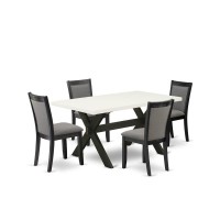 X626Mz650-5 5 Piece Kitchen Table Set - Linen White Dining Table With 4 Dark Gotham Grey Dining Chairs - Wire Brushed Black Finish