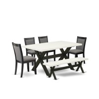 X626Mz650-6 6 Pc Table Set - Linen White Dinner Table With Kitchen Bench And 4 Dark Gotham Grey Chairs - Wire Brushed Black Finish