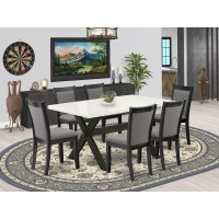 X626Mz650-7 7 Pc Dining Set - Linen White Dining Table With 6 Dark Gotham Grey Chairs - Wire Brushed Black Finish