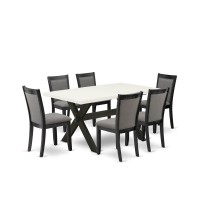 X626Mz650-7 7 Pc Dining Set - Linen White Dining Table With 6 Dark Gotham Grey Chairs - Wire Brushed Black Finish