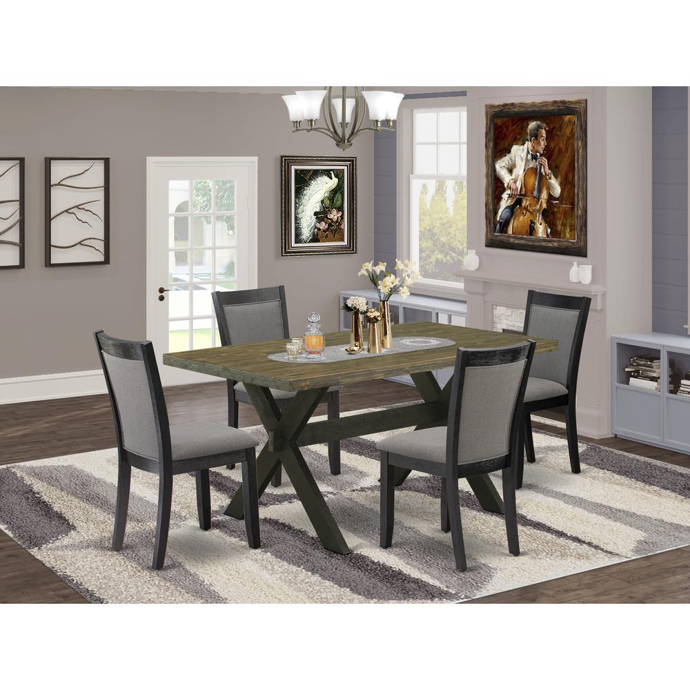 X676Mz650-5 5 Piece Table Set - Distressed Jacobean Dinner Table With 4 Dark Gotham Grey Dining Chairs - Wire Brushed Black Finish