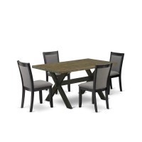 X676Mz650-5 5 Piece Table Set - Distressed Jacobean Dinner Table With 4 Dark Gotham Grey Dining Chairs - Wire Brushed Black Finish