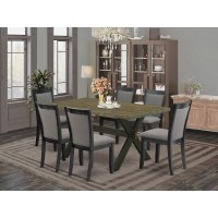 X676Mz650-7 7 Pc Dinette Set - Distressed Jacobean Kitchen Table With 6 Dark Gotham Grey Dining Chairs - Wire Brushed Black Finish