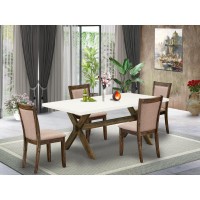 X727Mz716-5 5 Piece Dinner Table Set - A Wooden Dining Table With Trestle Base And 4 Parson Chairs - Distressed Jacobean Finish