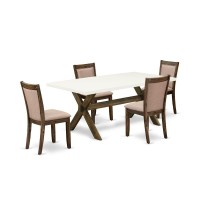 X727Mz716-5 5 Piece Dinner Table Set - A Wooden Dining Table With Trestle Base And 4 Parson Chairs - Distressed Jacobean Finish
