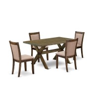 X776Mz716-5 5 Piece Modern Dining Table Set - A Dinning Table With Trestle Base And 4 Dinner Chairs - Distressed Jacobean Finish