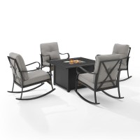 Dahlia 5Pc Outdoor Metal Conversation Set W/ Fire Table Taupe/Matte Black - Dante Fire Table & 4 Rocking Chairs