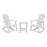 Set Of 2 Savannah Commercial Grade All-Weather Poly Resin Wood Adirondack Rocking Chairs With Side Table In White