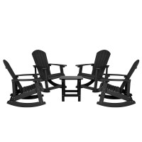 Set Of 4 Savannah Commercial Grade All-Weather Poly Resin Wood Adirondack Rocking Chairs With Side Table In Black