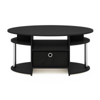 Furinno Jaya Simple Design Oval Coffee Table With Bin, Americano, Stainless Steel Tubes