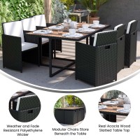 Peregrine 7 Piece Outdoor Patio Dining Set, Space Saving Black Wicker Modular Chairs-Cream Cushions & Natural Acacia Wood Table Top
