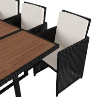 Peregrine 7 Piece Outdoor Patio Dining Set, Space Saving Black Wicker Modular Chairs-Cream Cushions & Natural Acacia Wood Table Top
