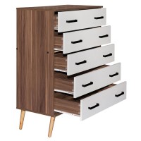 Better Home Products Eli Mid-Century Modern 5 Drawer Chest In Walnut & White
