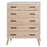 Better Home Products Eli Mid-Century Modern 5 Drawer Chest In White & Natural Oak