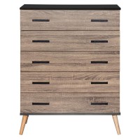 Better Home Products Eli Mid-Century Modern 5 Drawer Chest In Black & Sonoma Oak