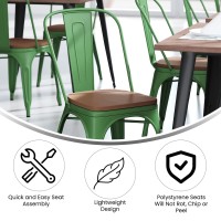 Perry Commercial Grade Green Metal Indoor-Outdoor Stackable Chair With Teak Poly Resin Wood Seat