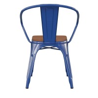 Luna Commercial Grade Blue Metal Indoor-Outdoor Chair With Arms With Teak Poly Resin Wood Seat