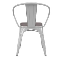 Luna Commercial Grade White Metal Indoor-Outdoor Chair With Arms With Gray Poly Resin Wood Seat