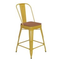 Kai Commercial Grade 24 High Yellow Metal Indoor-Outdoor Counter Height Stool With Removable Back And Teak All-Weather Poly Resin Seat