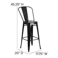 Kai Commercial Grade 30 High Black Metal Indoor-Outdoor Bar Height Stool With Removable Back And Black All-Weather Poly Resin Seat