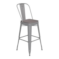 Kai Commercial Grade 30 High Silver Metal Indoor-Outdoor Bar Height Stool With Removable Back And Gray All-Weather Poly Resin Seat