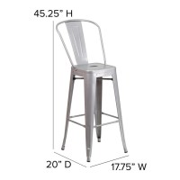 Kai Commercial Grade 30 High Silver Metal Indoor-Outdoor Bar Height Stool With Removable Back And Gray All-Weather Poly Resin Seat