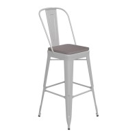 Kai Commercial Grade 30 High White Metal Indoor-Outdoor Bar Height Stool With Removable Back And Gray All-Weather Poly Resin Seat