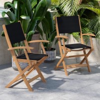 Martindale Indoor/Outdoor Folding Acacia Wood Patio Bistro Chairs With Natural X Base Frame With Arms And Black Textilene Back And Seat, Set Of 2