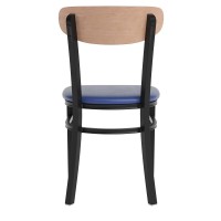 Wright Commercial Dining Chair With 500 Lb. Capacity Black Steel Frame, Natural Birch Finish Wooden Boomerang Back, And Blue Vinyl Seat