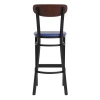 Wright Commercial Barstool With 500 Lb. Capacity Black Steel Frame, Walnut Finish Wooden Boomerang Back, And Blue Vinyl Seat