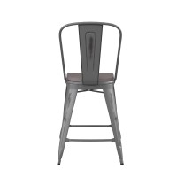Lincoln 24'' High Clear Coated Indoor Counter Height Stool With Back And Gray Poly Resin Wood Seat