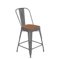 Lincoln 24'' High Clear Coated Indoor Counter Height Stool With Back And Teak Poly Resin Wood Seat