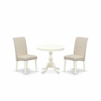 East West Furniture 3 Piece Dining Room Set Includes 1 Pedestal Table And 2 Cream Linen Fabric Kitchen Chairs With High Back - Linen White Finish
