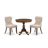 East West Furniture 3 Piece Dining Room Table Set Consists Of 1 Dining Table And 2 Light Tan Linen Fabric Kitchen Chair Button Tufted Back With Nail Heads - Acacia Walnut Finish