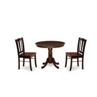 East West Furniture 3-Piece Dinette Room Set- 2 Dining Room Chair And Dining Room Table - Wooden Seat And Slatted Chair Back - Mahogany Finish