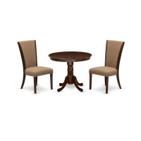 East West Furniture 3 Pc Kitchen Dining Set - 2 Light Sable Linen Fabric Parson Dining Chairs With High Back And 1 Modern Kitchen Table - Mahogany Finish
