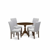 East West Furniture 5 Piece Kitchen Table Set Contains 1 Drop Leaves Wooden Table And 4 Grey Linen Fabric Parson Dining Chairs With High Back - Acacia Walnut Finish