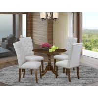 East West Furniture 5 Piece Dining Room Set Contains 1 Drop Leaves Dining Table And 4 Grey Linen Fabric Kitchen Chairs Button Tufted Back White Nail Heads - Acacia Walnut Finish