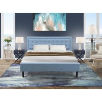 East West Furniture 3-Piece Platform Bedroom Set With 1 Modern Bed And 2 Night Stands For Bedrooms - Reliable And Durable Construction - Denim Blue Linen Fabric