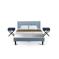 East West Furniture 3-Piece Fannin Wooden Set For Bedroom With 1 Platform Bed Frame And 2 Modern Nightstands - Reliable And Sturdy Construction - Denim Blue Linen Fabric