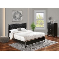 East West Furniture 2-Pc Nella Wooden Set For Bedroom With A Button Tufted King Size Bed Frame And Small Chest Of Drawers - Black Leather Head Board And Black Legs