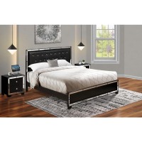 East West Furniture 3-Piece Nella Bed Set With Button Tufted King Size Bed And 2 Night Stands For Bedrooms - Black Leather King Headboard And Black Legs