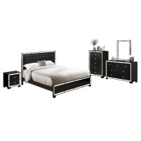 East West Furniture 3-Piece Nella Bed Set With Button Tufted King Size Bed And 2 Night Stands For Bedrooms - Black Leather King Headboard And Black Legs