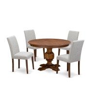 East West Furniture 5-Pc Kitchen Dining Table Set - Modern Kitchen Pedestal Table And 4 Doeskin Color Parson Chairs With High Back - Antique Walnut Finish
