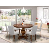 East West Furniture 7-Pc Kitchen Table Set - Pedestal Dining Table And 6 Doeskin Color Parson Padded Chairs With High Back - Antique Walnut Finish