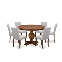 East West Furniture 7-Pc Kitchen Table Set - Pedestal Dining Table And 6 Doeskin Color Parson Padded Chairs With High Back - Antique Walnut Finish